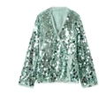 Detail van mintgroene wikkelstop met pailletten, V-hals en reflecterende glitters - XS / Groen