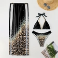 Flat lay of leopard print 3-piece bikini set with chain detail and matching mesh maxi skirt - S / Black