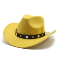 Detail view of yellow felt cowboy hat with black studded decorative metallic band - M (56-58cm) / Yellow