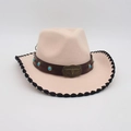 Cappello da cowboy rosa in feltro di lana con cintura turchese e fibbia a testa di toro - Stile Testa di Toro Turchese / Beige Bordo Nero