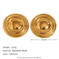Vue macro de la boucle d'oreille ronde en acier doré 18K de 30,2mm avec dimensions - Clous d'Oreilles Bouclier Ronds - Or