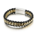 Men's double-layer woven bracelet in black leather and gold chain with silver magnetic clasp - Gold Double Row Chain Braided Style (KB81416-BD)