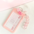Pink glitter heart cloud ID card holder with sparkling beaded star pendant keychain - Pink Vertical + Coil + Pink Keychain