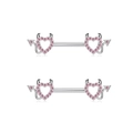 Pink heart nipple rings with devil horns and tail in polished silver stainless steel - Pink Horn Pair