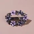 Elegant purple and grey floral hair clip with crystal rhinestones on a spring alloy base - 6cm - Blue Pink Hollow Flower Spring Clip