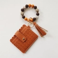 Brown woven PU leather card holder keychain with orange and beige silicone bead bracelet - Brown Woven Card Holder with Brown Orange Beige Silicone Beads
