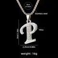 Polished silver stainless steel letter P necklace with shimmering crystal accents - Letter P + 70cm Chain