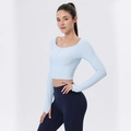 Dames yogaset met lichtblauw shirt met lange mouwen en donkerblauwe hoge legging - S / Hemelsblauw