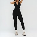 Schwarzes Damen Sport-Set mit tiefem V-Ausschnitt Top und engen Yoga-Leggings - S / Weste 3109 + Hose 8863 — Elegantes Schwarz
