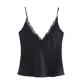 Detailed close-up of delicate black lace trim on a satin camisole top for women - XS / Black