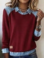 Damen-Sweatshirt in Weinrot mit Denim-Kragen und modischen Patchwork-Details am Ärmel - 3XL / Rot