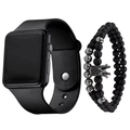 Men's fashion LED digital watch with silicone strap and black skull bead bracelet set - All Black + Bracelet
