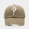 Macro detail of white spiral embroidery on vintage washed khaki cotton baseball cap - Khaki