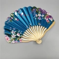 Japanese style blue silk folding fan with floral patterns and bamboo ribs in detail - No.15 Lake Blue