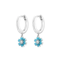 Detailed macro of flower hoop earrings with blue stones and white zircon centers - Silver with Turquoise Flower Drop Earring