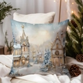 Decorative square Christmas pillow cover featuring an artistic European snow scene building - TQDS68-14(European Snow Architecture)