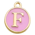 Pink and gold round letter F enamel charm pendant for DIY bracelets and jewelry - Letter F / 1 Piece (12x14mm) / Pink