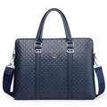 Dark blue business briefcase with embossed leather pattern and detachable shoulder strap - Blue