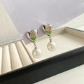 French vintage heart earrings with pink tulips and white pearl drops in stainless steel - Silver (PEK1996)