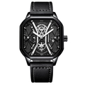 Garselly mens square black mechanical watch with leather strap and white stitching - 9228 Black Case Silver Markers Leather Strap