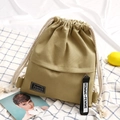 Khaki canvas drawstring backpack with front zip pocket and fashion strap accessories - Khaki