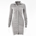 Close-up of grey long-sleeved bodycon dress with collar and button-down pleated detail - L / Gray