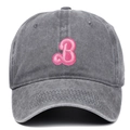 Close-up of pink embroidered B letter on washed grey cotton baseball cap with ventilation holes - Adjustable / Gray