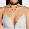 Close-up of a sexy black rhinestone double-layer choker with Y-shaped long necklace - Gun Black Zirconia