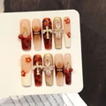 Unghie finte con ciondoli a ciliegia rossi, croci dorate e design leopardato - Extra Piccolo (XS) / Stile Sfumato Rosso Marrone Ciliegia Croce (3040-Cono Tubo dell'Acqua)