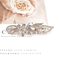 Eleganter goldener Metall-Haarclip mit floralen Strasssteinen auf Magazinhintergrund - Pflaumenblüte Weiß