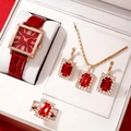 5-piece jewelry set with red faux leather strap watch and gold-tone ruby accents - 12+ Jewelry Items (without Box) / Factory Direct Price