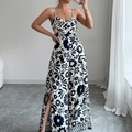 Elegant black and white floral print jumpsuit with spaghetti straps and side slits - S / Navy Blue