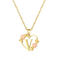 Gold-plated heart necklace with hollow design, letter V and pink flower accents - Letter V
