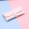 Chic light pink woven leather glasses case with a stylish gold button snap closure - White Woven Thick Case