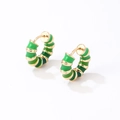 Retro bamboo hoop earrings featuring green enamel stripes and golden metallic accents - Dark Light Green Mixed