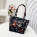Borsa tote in tela con ricamo a gufo blu scuro e manici colorati intrecciati - Guanto rosso