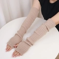 Chic beige long ribbed knit arm warmers in soft wool for women, half-finger style - One Size / Light Khaki