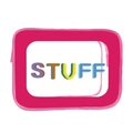Pink rectangular PVC cosmetic bag with colorful STUFF chenille patches on clear window - 102-Stuff Theme Plush