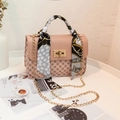 Pink printed crossbody bag with silk scarf handle and golden chain shoulder strap - Pink