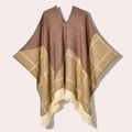 Detail of V-neck knitted poncho with brown color block, beige plaid and tassel trim - 130x150cm / Pullover Five Star Plaid Coffee