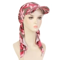 Detail of pink and gray floral headscarf with brim on a mannequin model - Khaki Pink Flowers