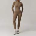 Brown long sleeve thermal unitard with half-zip collar and thumbhole design - S / Top And Bottom (Without Chest Pads) / Camel Brown