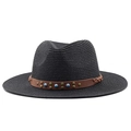 Detail of black straw fedora with leather band, bronze studs and turquoise bead accents - Black