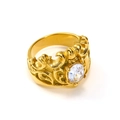 Vintage 18k vergoldeter Kronenring mit klarem Edelstein und kunstvollen Verzierungen - US 6 / Gold Weißer Zirkonia