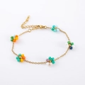 Detail of bohemian glass bead flower bracelet with golden stainless steel adjustable chain - Multicolor