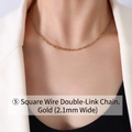 2.1mm square link double buckle necklace in 18k gold plated titanium steel finish - Gold Square Wire Double Link Chain (2.1mm Wide)
