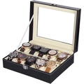 10-slot black faux leather watch display box with clear glass lid and beige velvet lining - 10 Grids