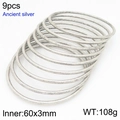 Set of 9 ancient silver stacked bangles with 60mm inner diameter and 3mm thickness - 60mm Set of 9 (KB209854-GC)