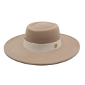 Detail of wool fedora hat featuring a gold M-letter buckle and silk ribbon trim - M (56-58cm) / Light Purple Grey