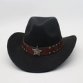 Classic black Western cowboy hat with brown studded leather band and star badge decoration - One Size / Black